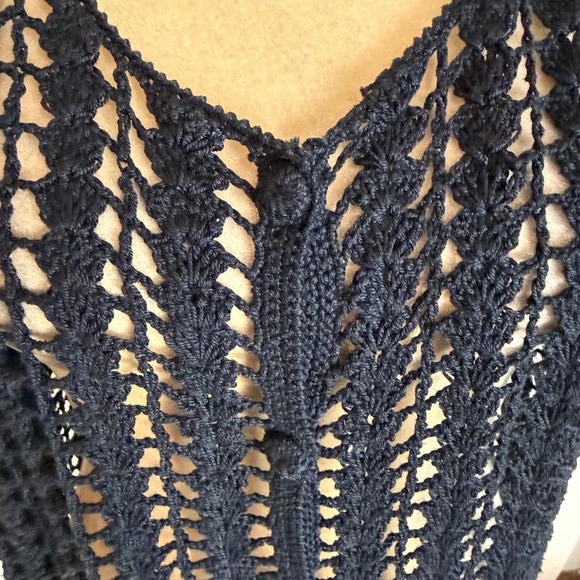 Ali Miles Black Crochet Knit Button Front Short Sleeve V Neck Top Size Large - Picture 9 of 9